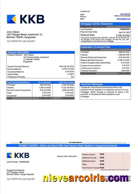 Kyrgyzstan Kyrgyzkommertsbank mortgage statement Word and PDF template